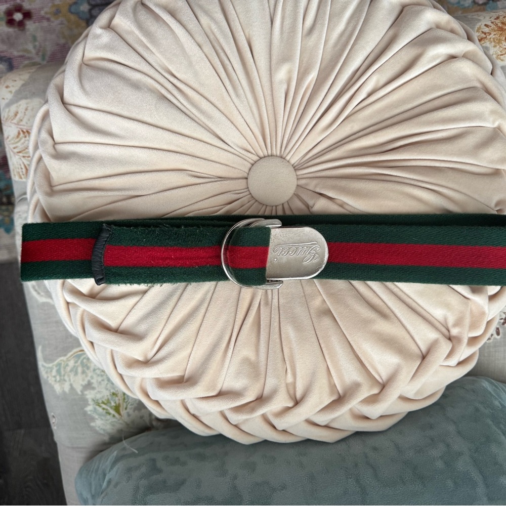 Gucci Green and Red Designer Belt with Silver Buckle